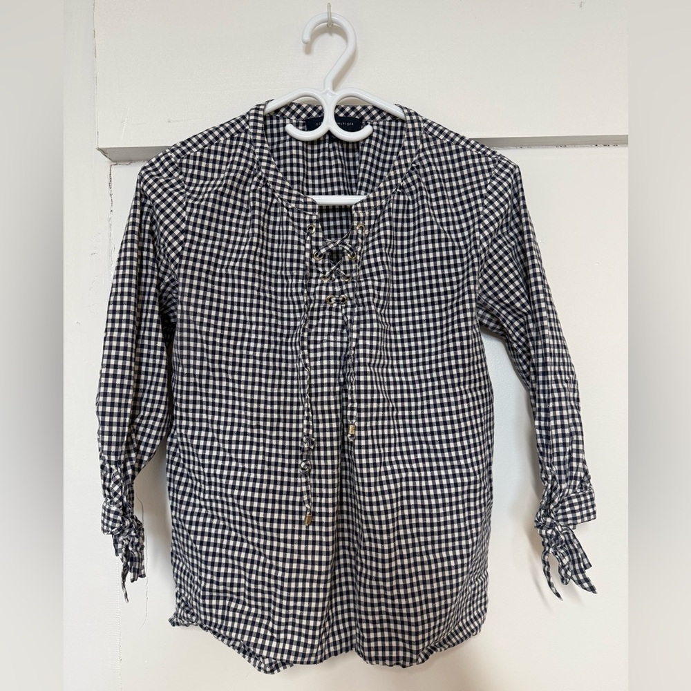 Tommy Hilfiger Navy & White Gingham Lace-Up Blouse